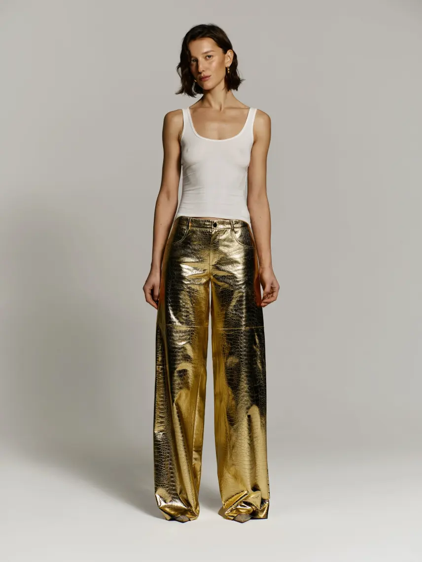 CULTNAKED Pantaloni morbidi in pelle di coccodrillo dorata